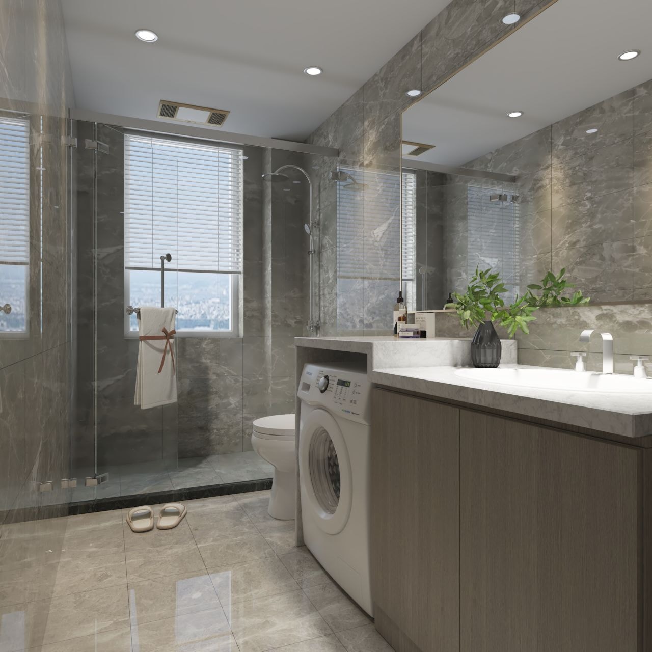 Contemporary residential bathroom design — glass shower enclosure, wall-hung sanitaryware and cohesive tile palette