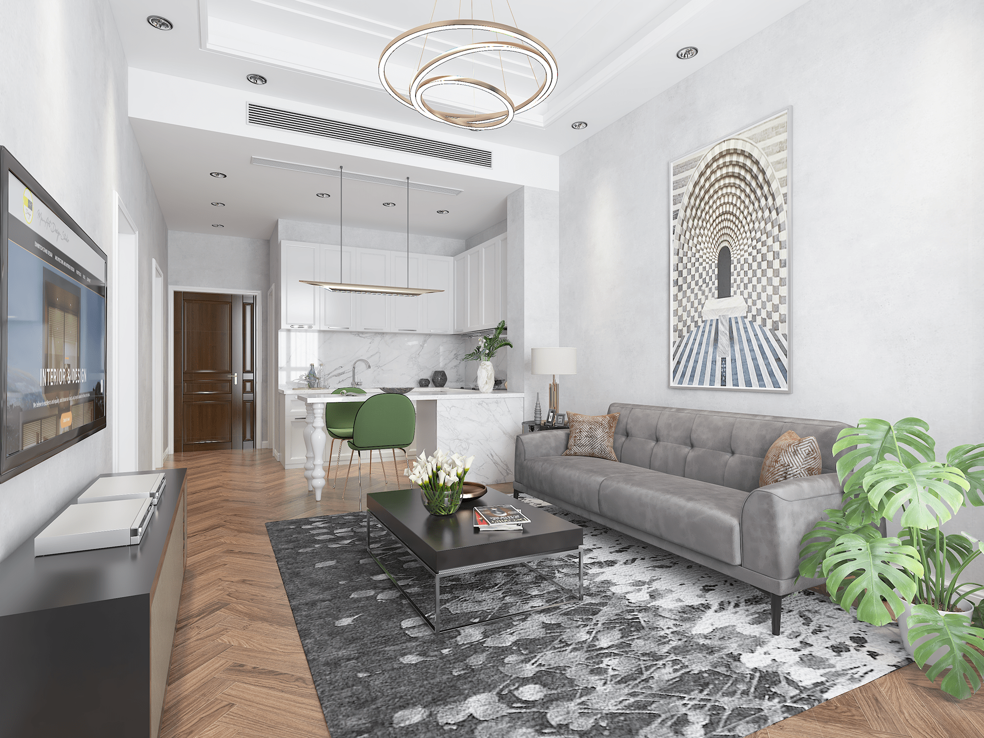 Open-plan residential interior showing spatial organisation, material palette and bespoke joinery detailing