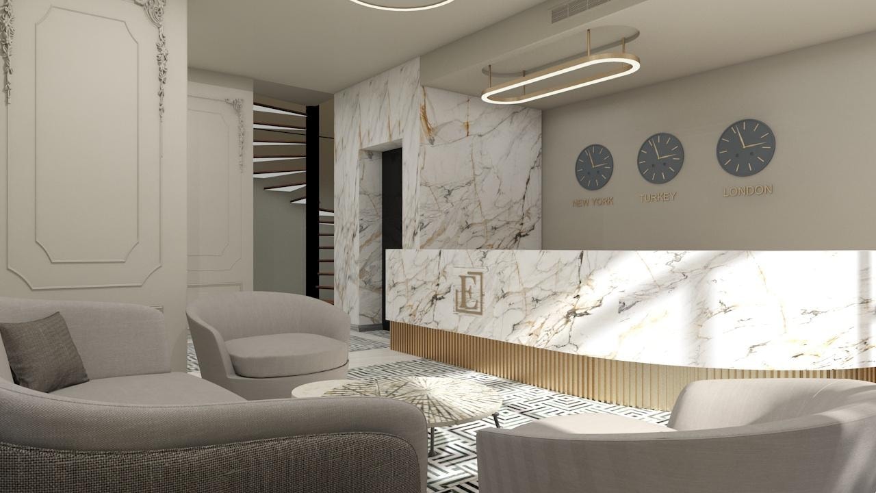 Luxury hotel lobby interior design with marble finishes and premium spatial design — Mu-Art Design Studio UK