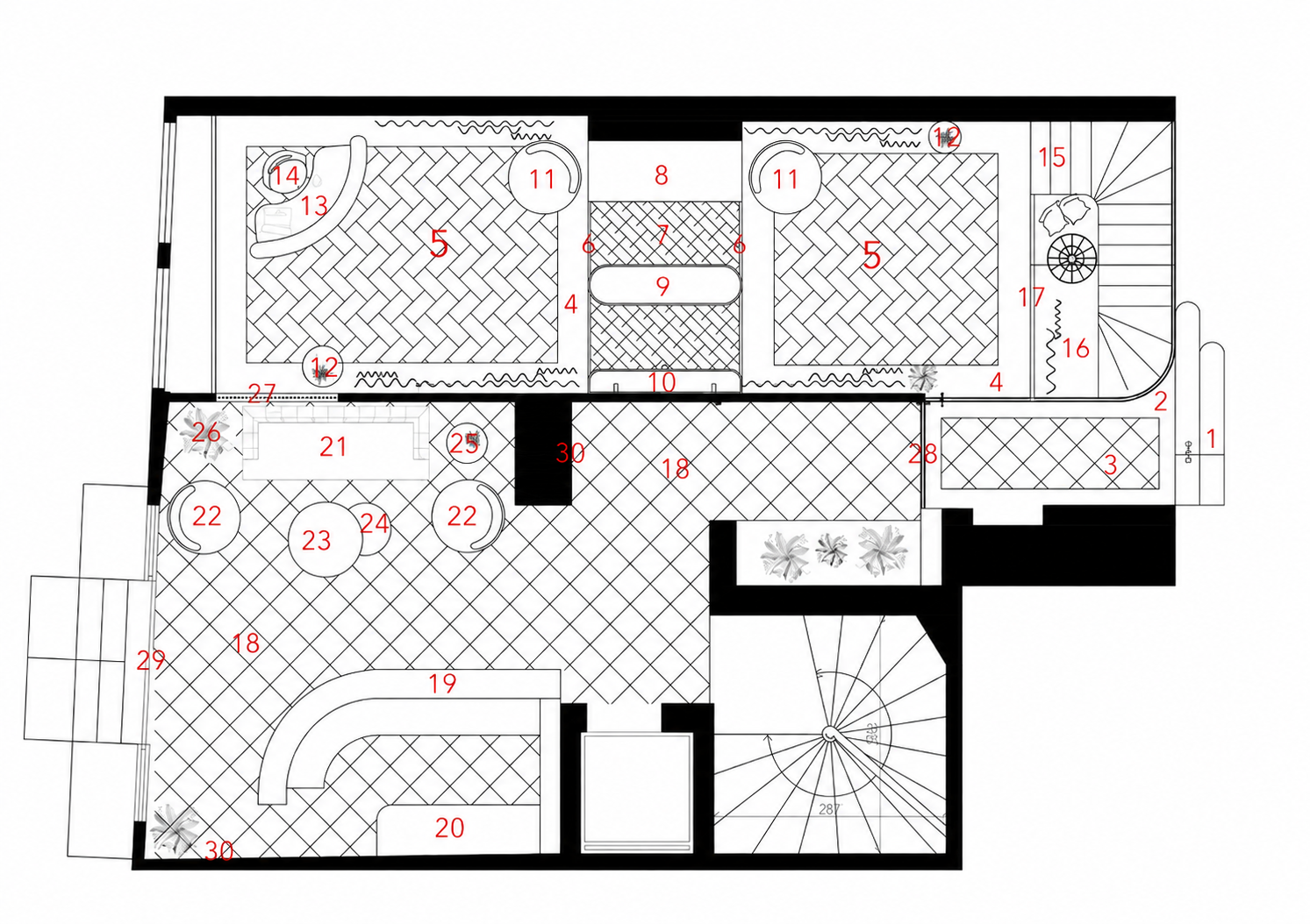 Luxury hotel lobby floor plan showing reception desk, arrival zone and seating areas