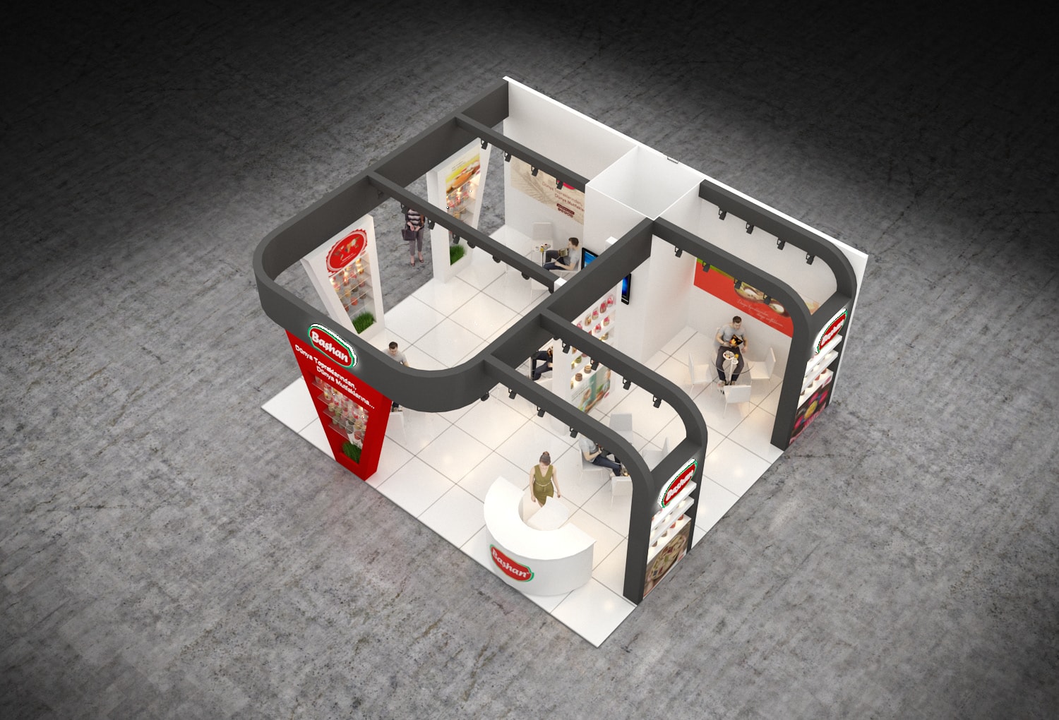 Exhibition stand floor plan showing spatial layout, visitor flow and product display configuration