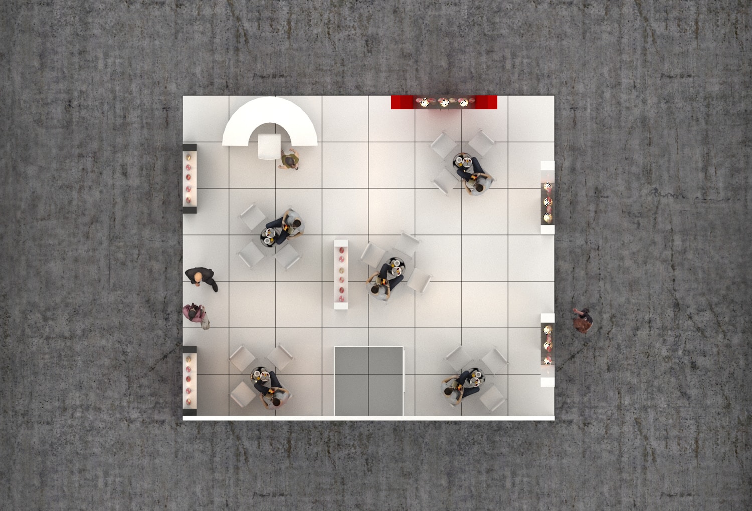 Aerial view of exhibition stand design showing spatial organisation and brand integration