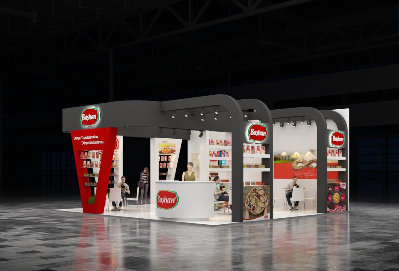 Trade exhibition stand with branded display panels and product presentation area
