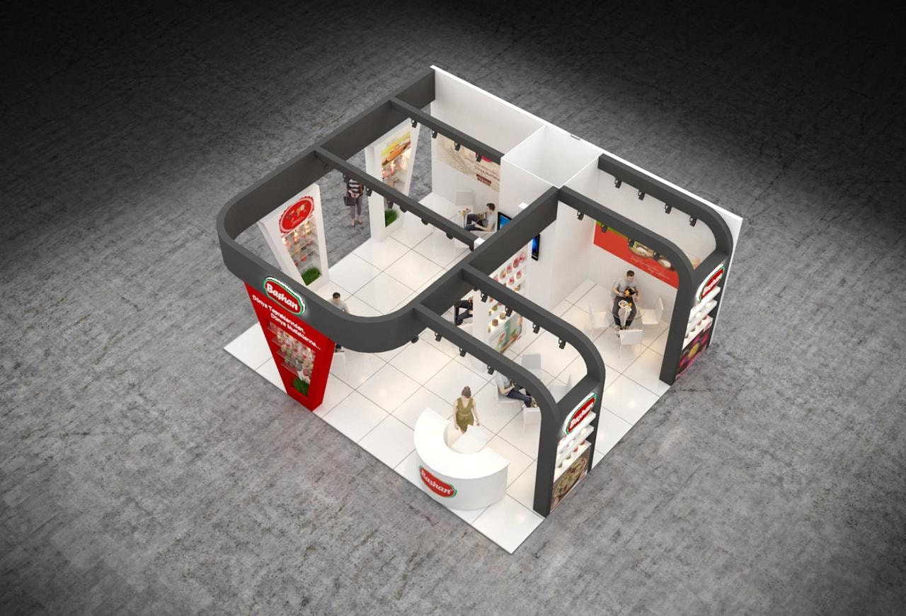 Exhibition stand design — modular display system with brand graphics and visitor circulation