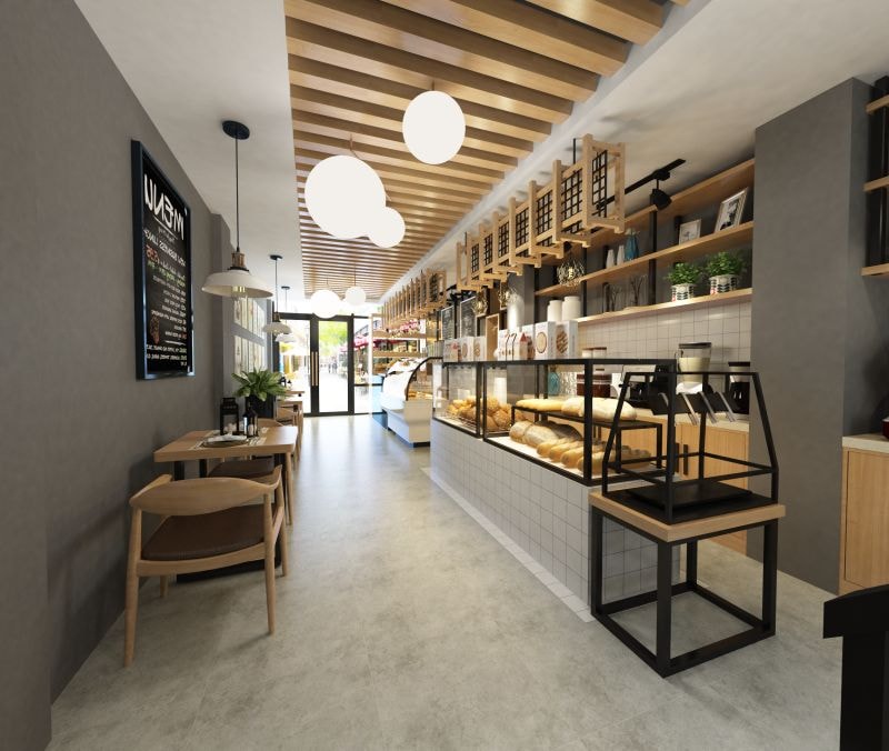 Café interior design — service counter, display shelving and customer seating area
