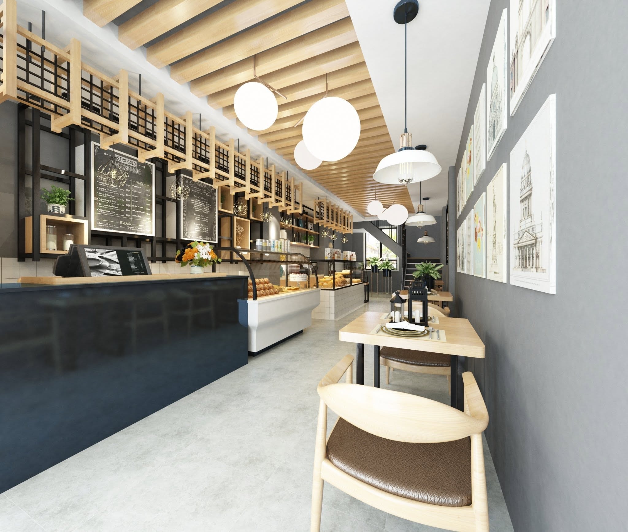Restaurant interior design with timber detailing, warm lighting and all-day dining layout