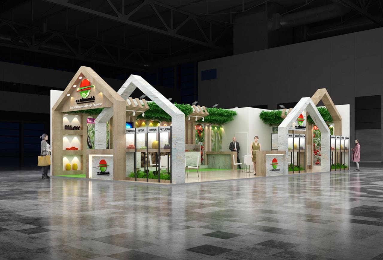 Retail and exhibition stand interior — product display zones and spatial organisation