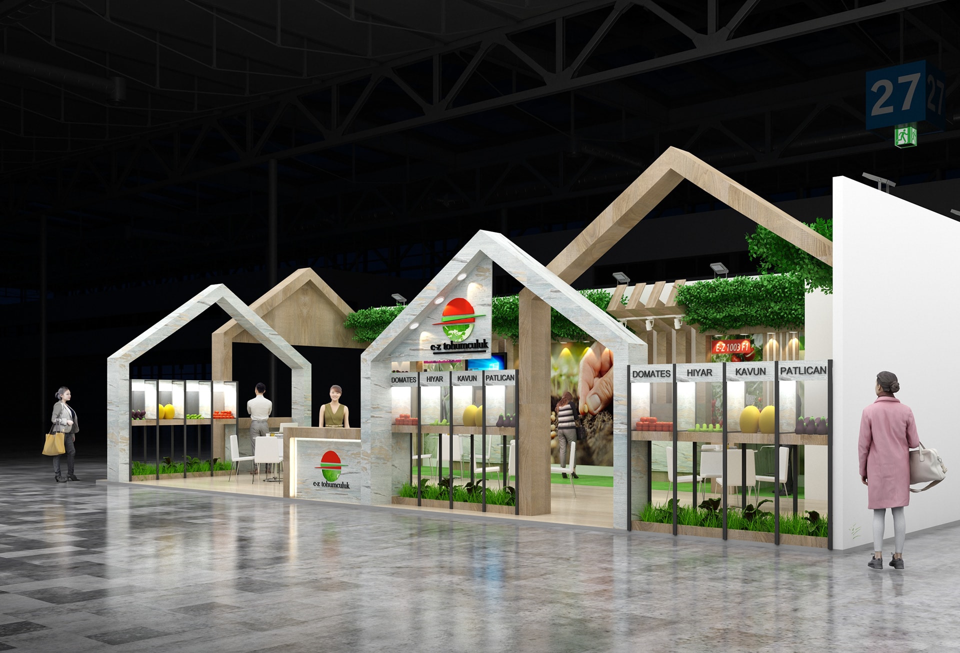 Exhibition stand with brand display panels, product shelving and considered visitor circulation