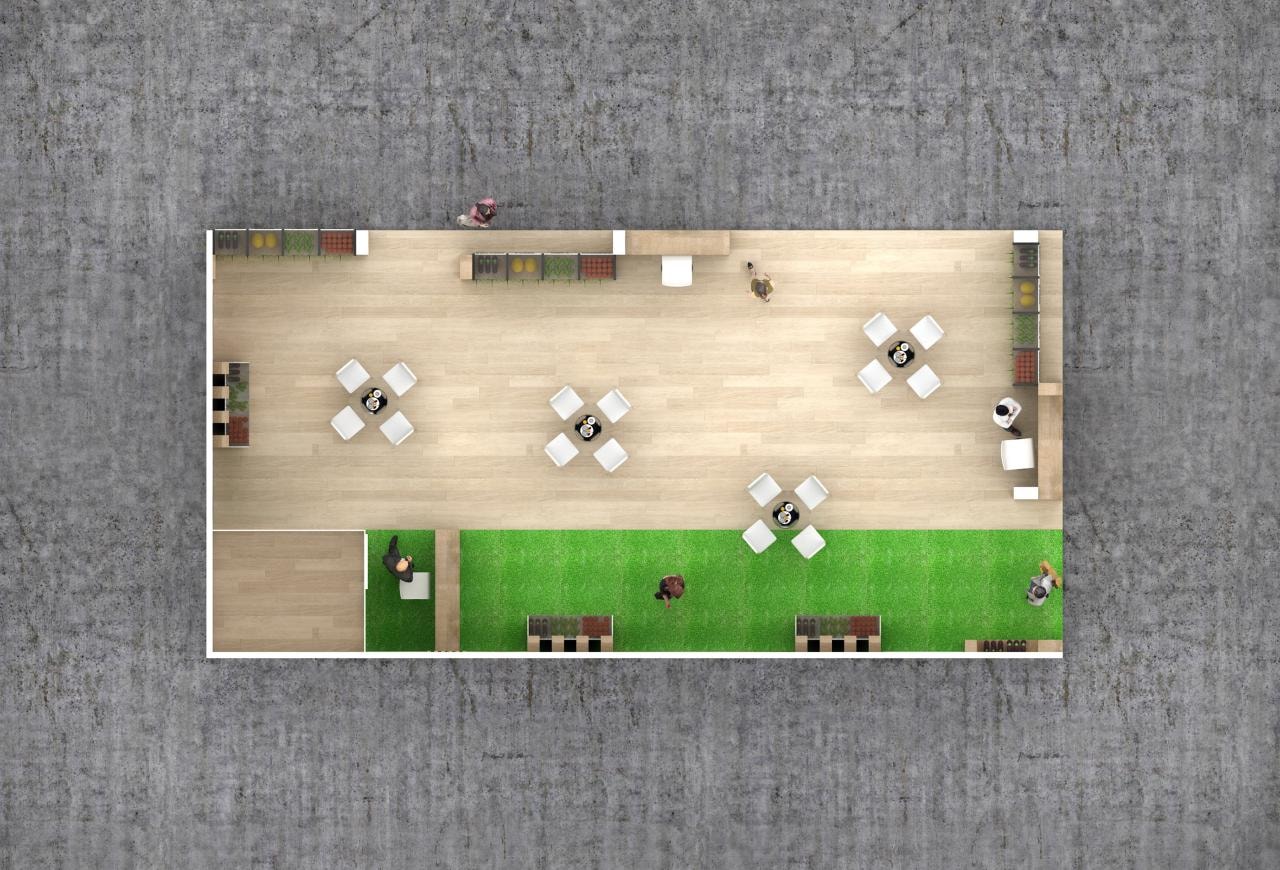 Exhibition stand aerial view — spatial layout showing display configuration and visitor flow