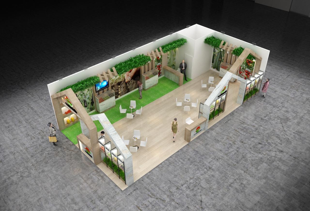 Bespoke exhibition stand with brand identity integration and product display system