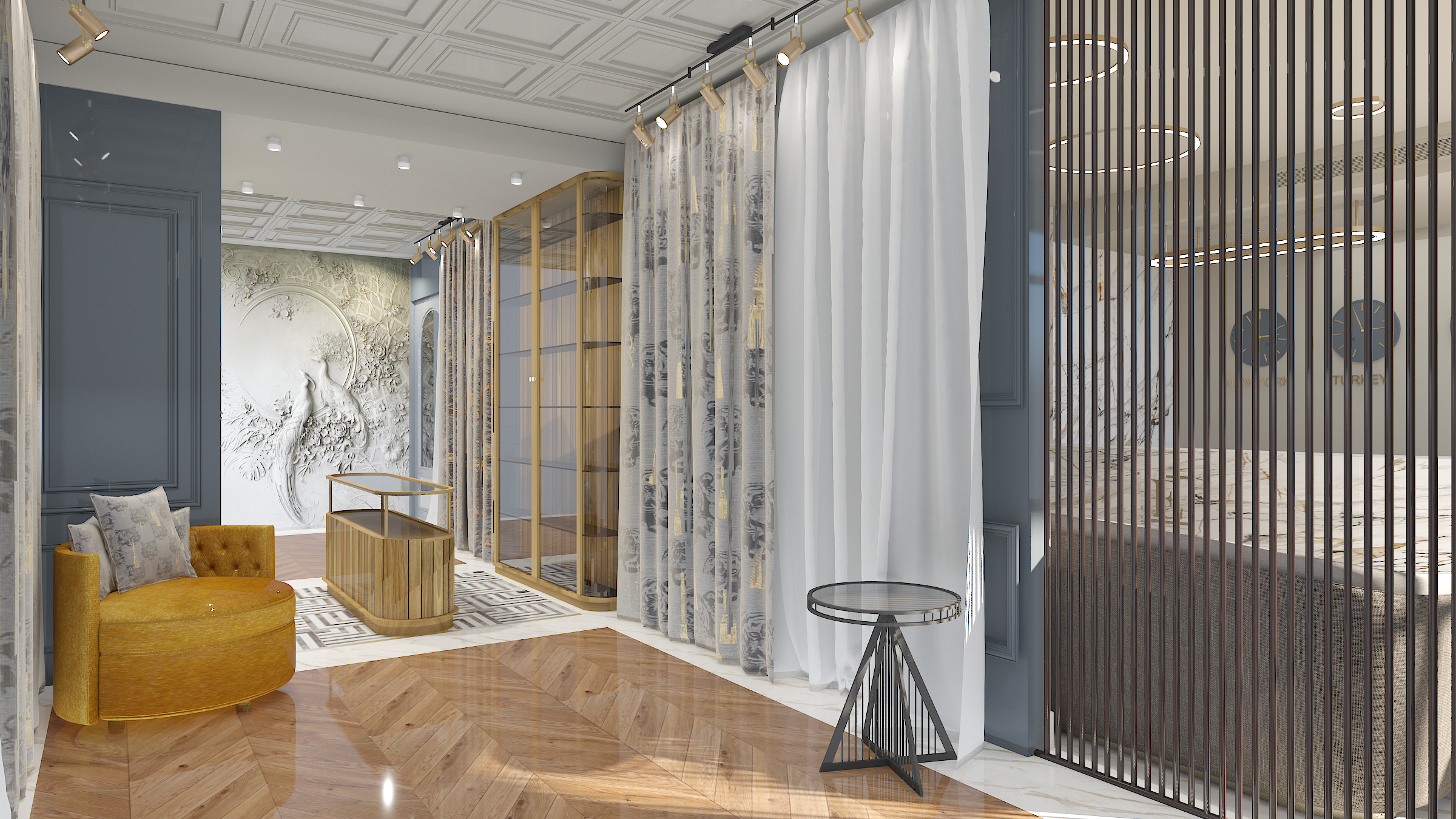Luxury showroom display area — bespoke joinery, premium finish selection and product presentation