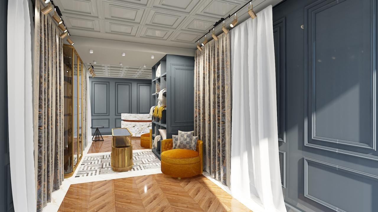 Retail showroom interior showing material palette, accent lighting and customer circulation route
