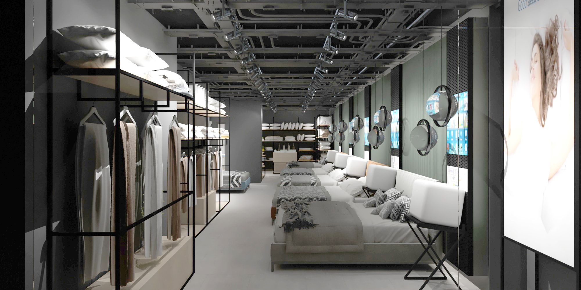 Sleepist showroom home textile display area with custom black metal shelving and customer circulation route