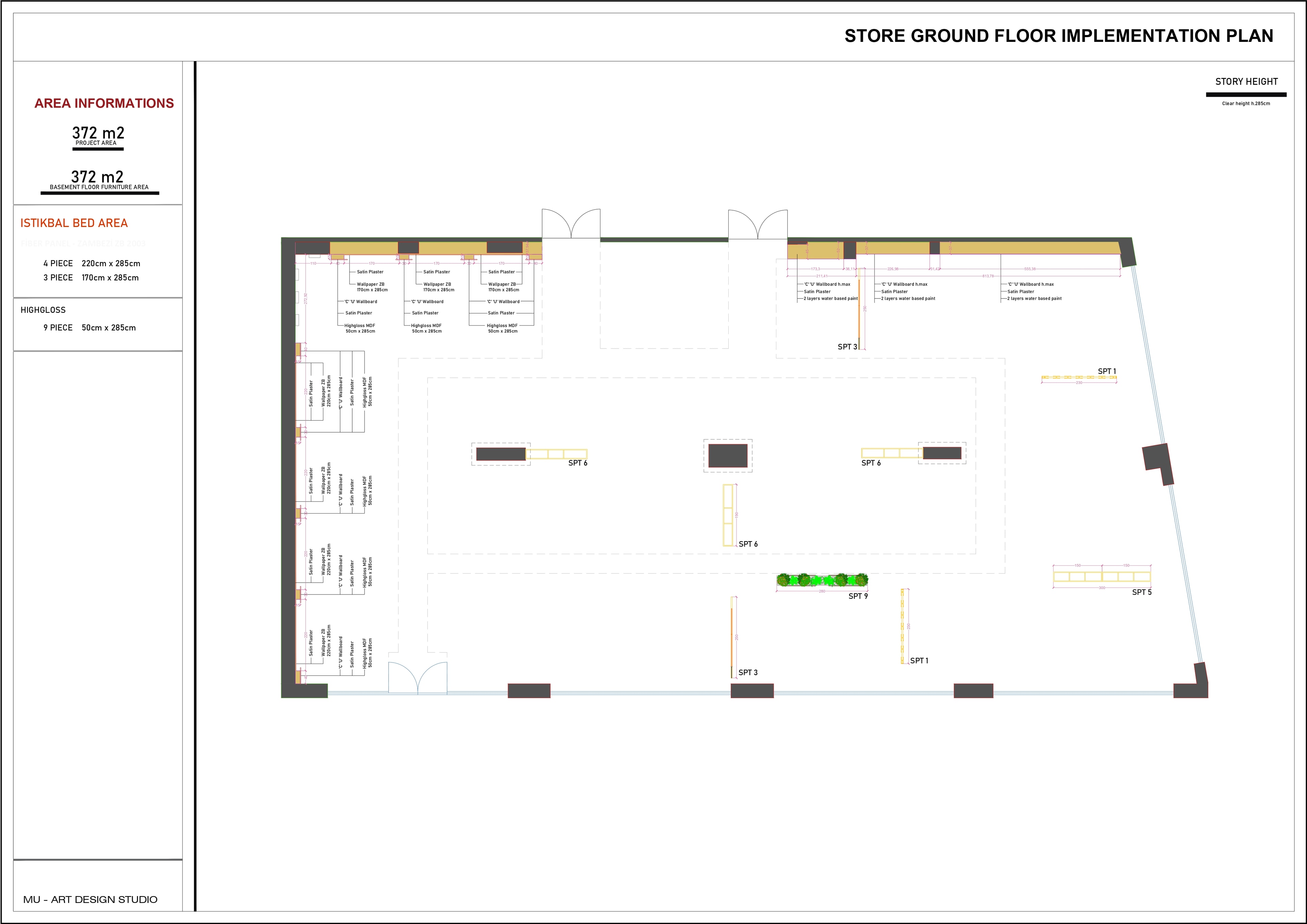 Furniture showroom technical drawing — flooring plan and product display zone layout